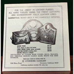 IV Livermore Saddlery Vintage Print Ad 1970s Western Bags Purses Fashion